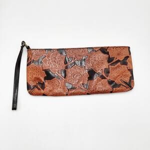 Y2K Express Brown Embossed Genuine Leather Floral Print Wristlet Clutch Handbag